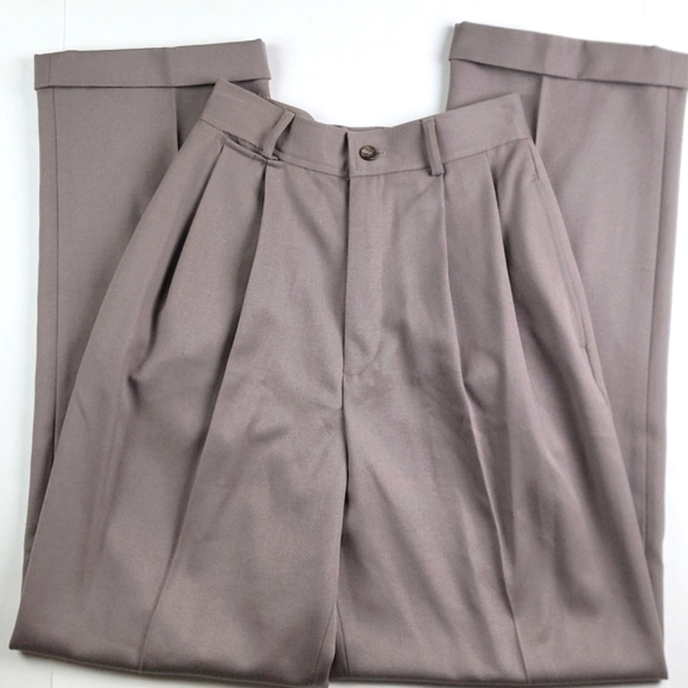 Vintage 80s Ralph Lauren 100% Wool High Waist Pleated Cuffed Trouser Taupe
